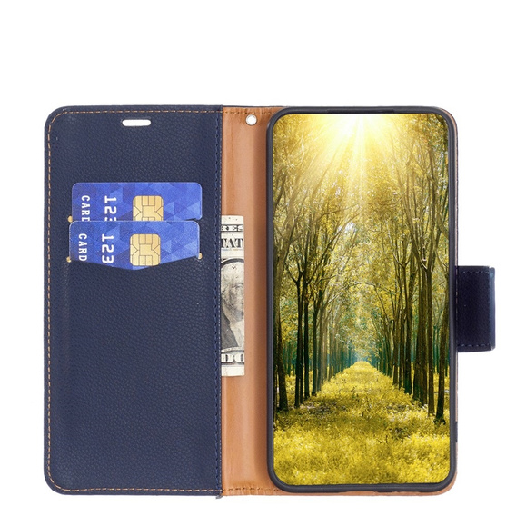 Калъф с капак за Samsung Galaxy A15, Wallet Litchi Leather, син + 9H стъкло