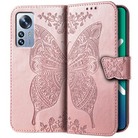 Калъф с капак за Xiaomi 12 Pro, Butterfly, розов rose gold