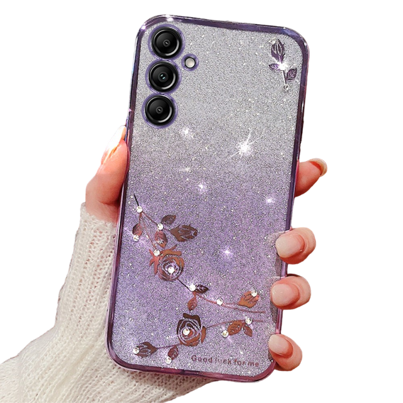 Калъф за Samsung Galaxy A15, Glitter Flower, лилав + 9H стъкло 