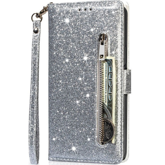 Калъф с капак за Samsung Galaxy A55, Wallet Zipper Pocket Glittery, сребърен