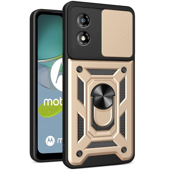 Брониран калъф за Motorola Moto E13, CamShield Slide, златен