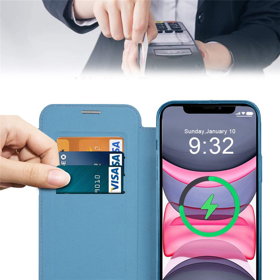 Калъф с капак за iPhone 14, RFID Wallet MagSafe CamShield, син