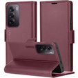 Калъф за Oppo Reno 12, ERBORD Glossy Litchi, портфейл с капак, червен