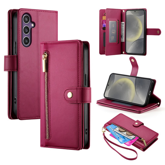 Калъф с капак за Samsung Galaxy S25, Wallet Zipper Pocket, червен