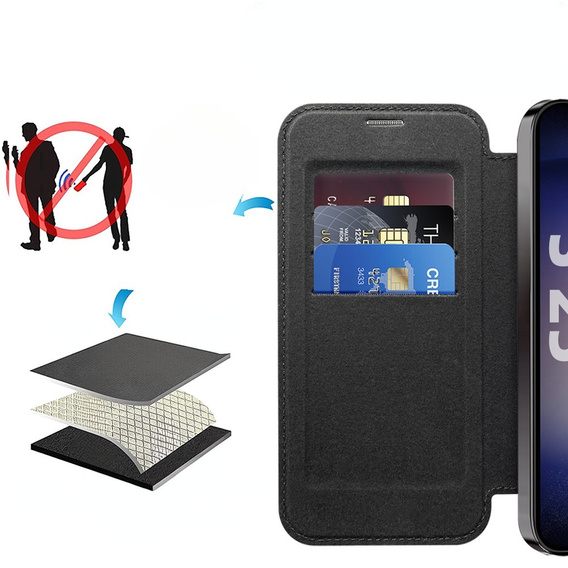 Калъф с капак за Samsung Galaxy S25+ Plus, RFID Wallet MagSafe CamShield, черен