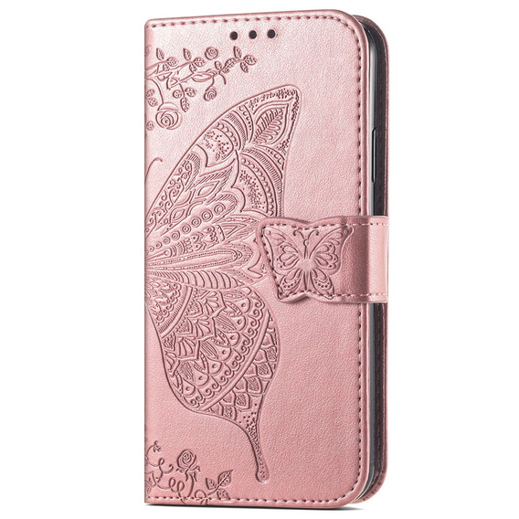 Калъф с капак за Samsung Galaxy A15, Butterfly Flower, розов rose gold + 9H стъкло  