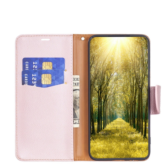 Калъф с капак за Samsung Galaxy A15, Wallet Litchi Leather, розов + 9H стъкло