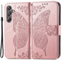 Калъф с капак за Samsung Galaxy A15, Butterfly Flower, розов rose gold + 9H стъкло