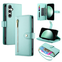 Калъф с капак за Samsung Galaxy S24 FE, Wallet Zipper Pocket, зелен