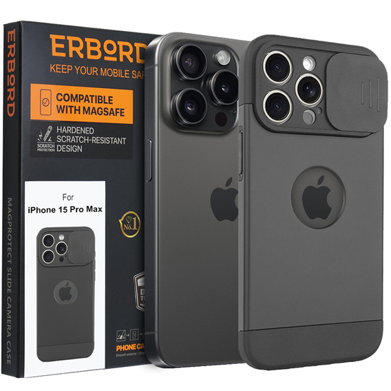 Калъфи за iPhone 15 Pro Max, ERBORD MagProtect Slide Camera, черен