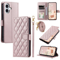 Калъф с капак за iPhone 16, Rhombus Crossbody Leather, розов rose gold