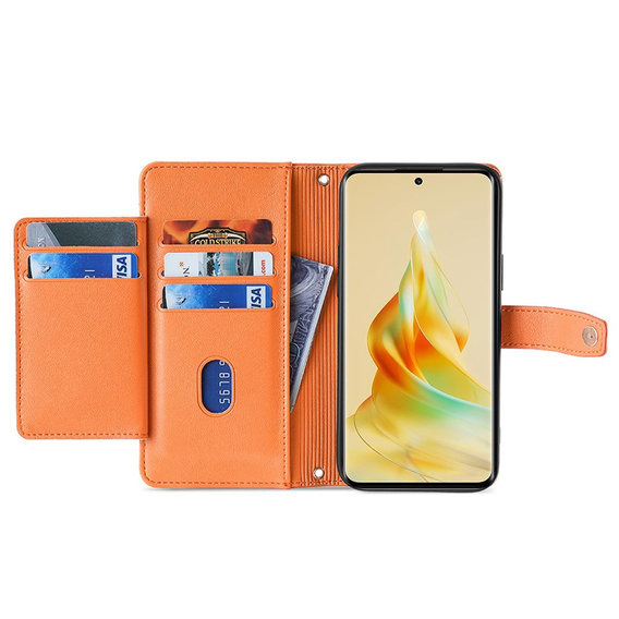 Калъф с капак за Oppo Reno8 T 4G, Wallet Zipper Pocket, оранжев