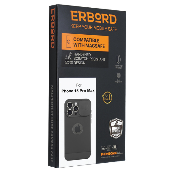 Калъфи за iPhone 15 Pro Max, ERBORD MagProtect Slide Camera, черен