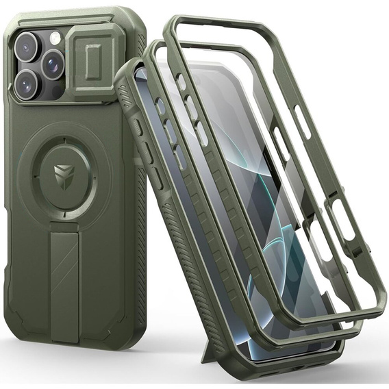 Брониран калъф за iPhone 16 Pro Max, Dexnor CamProtect MagSafe, зелен (Две рамки)