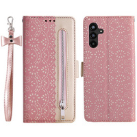 Калъф с капак за Samsung Galaxy A35 5G, Wallet Pocket Zipper Lace, розов