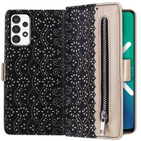 Калъф с капак за Samsung Galaxy A52 / A52s, Wallet Pocket Zipper Lace, черен