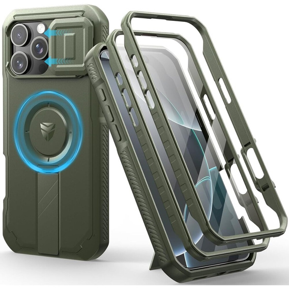 Брониран калъф за iPhone 16 Pro Max, Dexnor CamProtect MagSafe, зелен (Две рамки)
