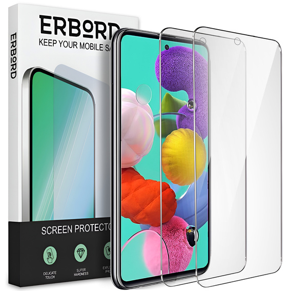2x Закалено стъкло за Samsung Galaxy A51, ERBORD 9H Hard Glass на екрана