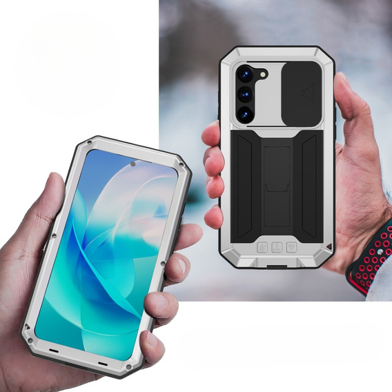 Брониран калъф за Samsung Galaxy S23, R-JUST CamShield Slide, сребро / черно