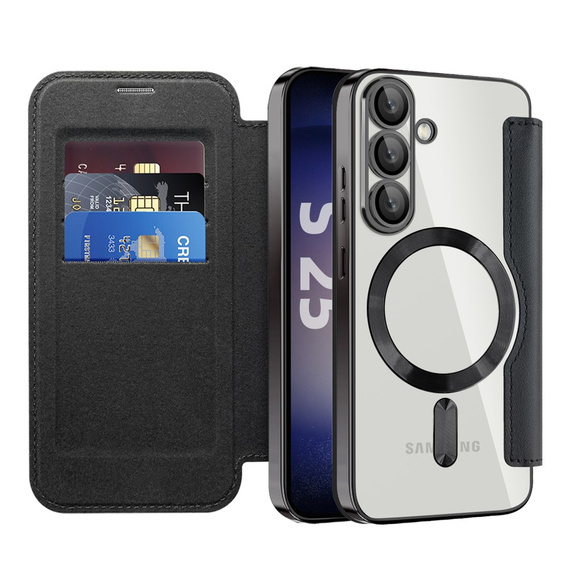 Калъф с капак за Samsung Galaxy S25+ Plus, RFID Wallet MagSafe CamShield, черен