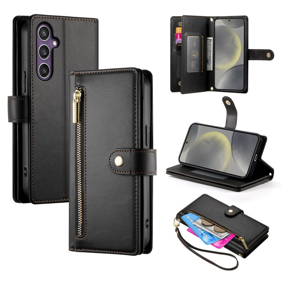 Калъф с капак за Samsung Galaxy S25+ Plus, Wallet Zipper Pocket, черен