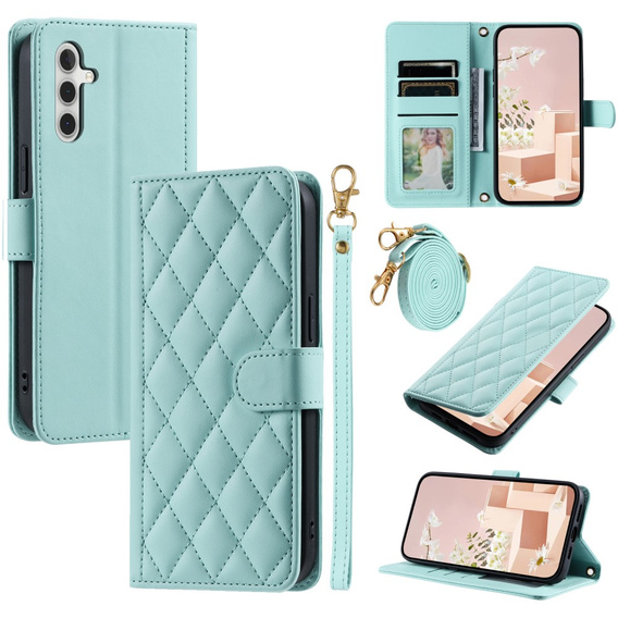 Калъф с капак за Samsung Galaxy S25, Rhombus Crossbody Leather, зелен