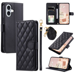 Калъф с капак за iPhone 16, Rhombus Crossbody Leather, черен