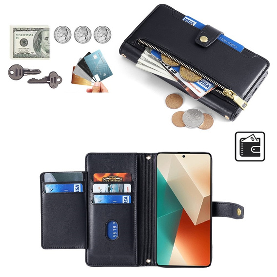 Калъф с капак за Xiaomi Redmi Note 13 5G, Wallet Zipper Pocket, черен