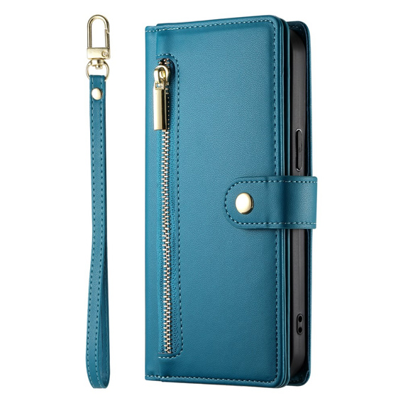 Калъф с капак за iPhone 16, Wallet Zipper Pocket, син