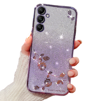 Калъф за Samsung Galaxy A15, Glitter Flower, лилав + 9H стъкло