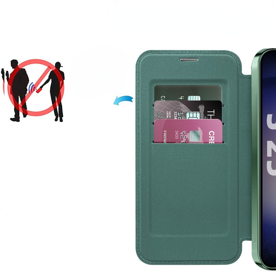 Калъф с капак за Samsung Galaxy S25+ Plus, RFID Wallet MagSafe CamShield, зелен