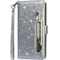 Калъф с капак за Samsung Galaxy A55, Wallet Zipper Pocket Glittery, сребърен