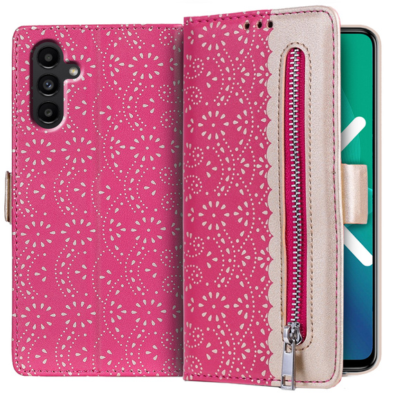 Калъф с капак за Samsung Galaxy A04S / A13 5G, Wallet Pocket Zipper Lace, червен