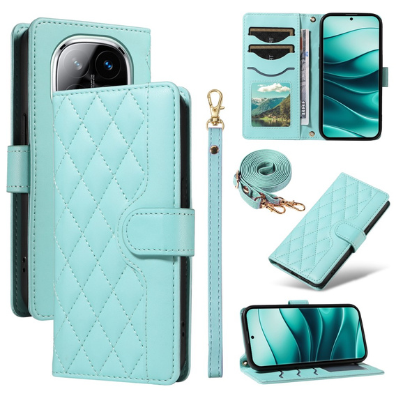 Калъф с капак за Xiaomi Redmi Note 14 Pro 5G / Xiaomi Redmi Note 14 Pro+ 5G / Xiaomi Poco X7 5G, Rhombus Crossbody Leather, зелен