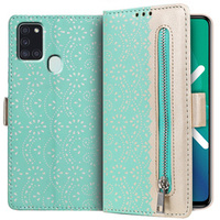 Калъф с капак за Samsung Galaxy A21S, Wallet Pocket Zipper Lace, зелен