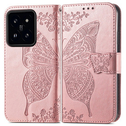 Калъф с капак за Xiaomi 14T, Butterfly, розов rose gold