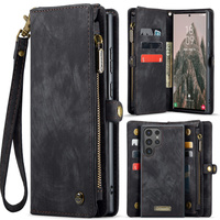 CASEME калъф за Samsung Galaxy S25 Ultra, Retro Leather Wallet, с каишка, черен
