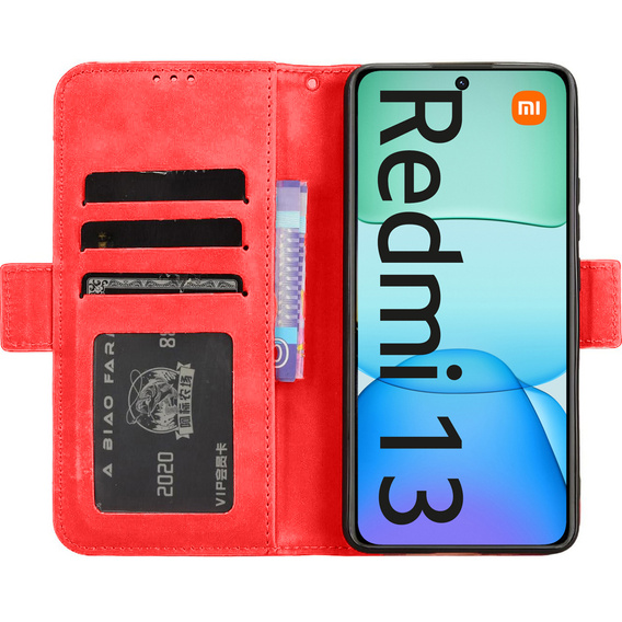 Калъф с капак за Xiaomi Redmi 13, Card Slot, червен