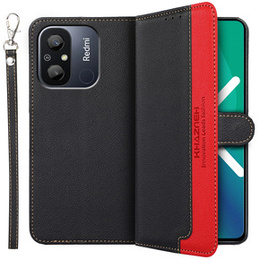 Калъф с капак за Xiaomi Redmi 12C, KHAZNEH RFID, черен / червен