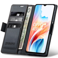 Калъф за Oppo A18 4G / A38 4G, ERBORD Glossy Litchi, портфейл с капак, черен