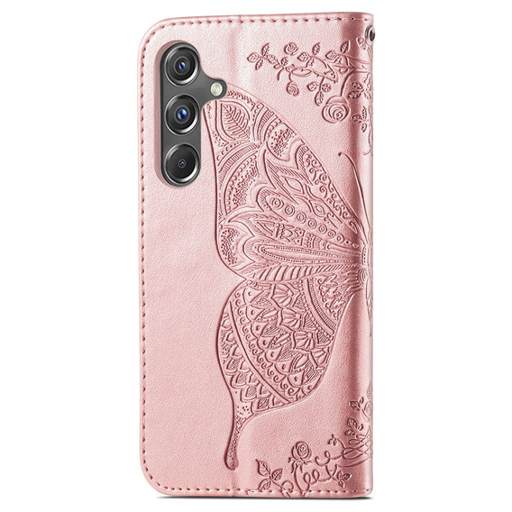 Калъф с капак за Samsung Galaxy A15, Butterfly Flower, розов rose gold + 9H стъкло  