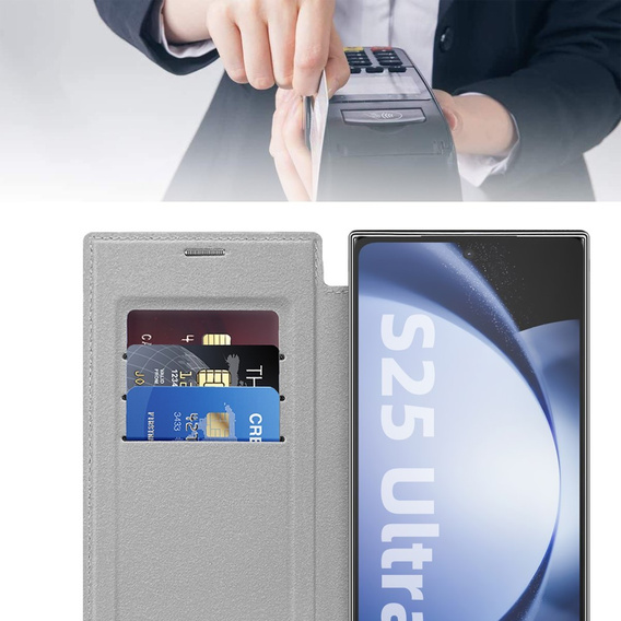 Калъф с капак за Samsung Galaxy S25 Ultra, RFID Wallet MagSafe CamShield, сребърен