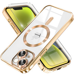 Калъф за iPhone 14 Plus, Electro MagSafe, златен + стъкло за екран