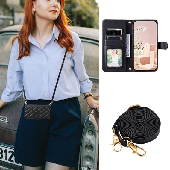 Калъф с капак за Xiaomi Redmi Note 13 Pro 4G, Rhombus Crossbody Leather, черен