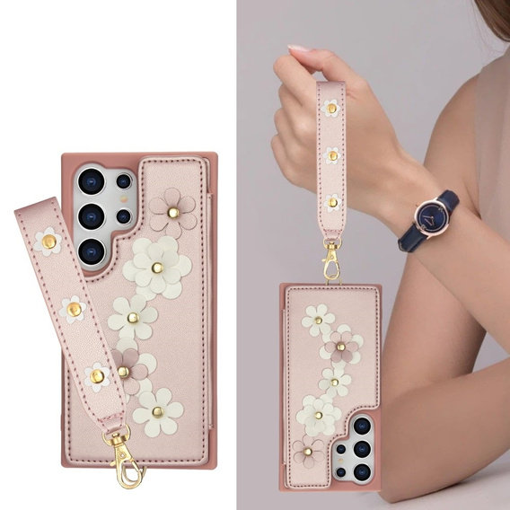 Калъфът за Samsung Galaxy S25 Ultra, Leather Flower Card Slot, розов