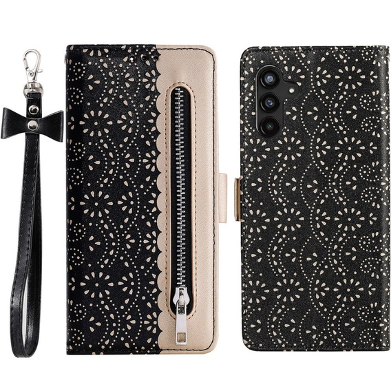 Калъф с капак за Samsung Galaxy A14 4G/5G, Wallet Pocket Zipper Lace, черен