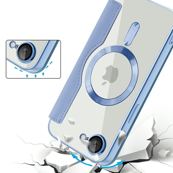 Калъф с капак за iPhone 16E, RFID Wallet MagSafe CamShield, син