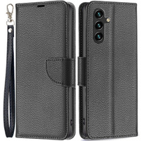 Калъф с капак за Samsung Galaxy A15, Wallet Litchi Leather, черен + 9H стъкло