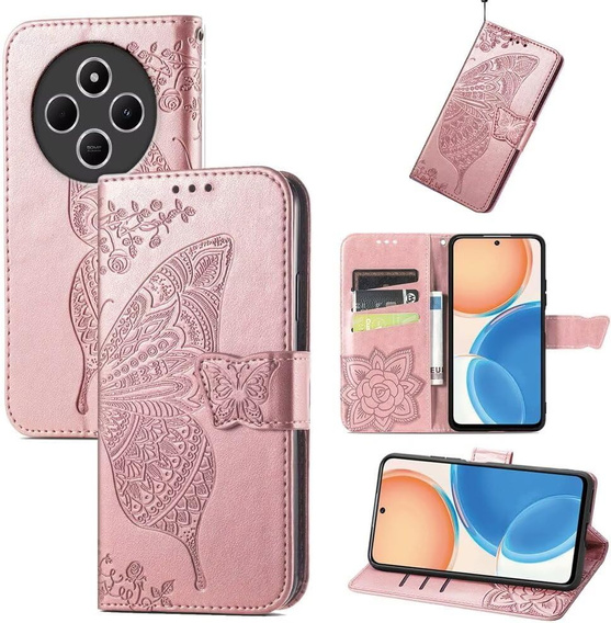 Калъф с капак за Xiaomi Redmi 14C / Xiaomi Poco C75, Butterfly, розов rose gold