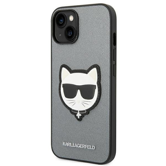 Калъфи Karl Lagerfeld за iPhone 14 Plus, Saffiano Choupette Head Patch, сребърен